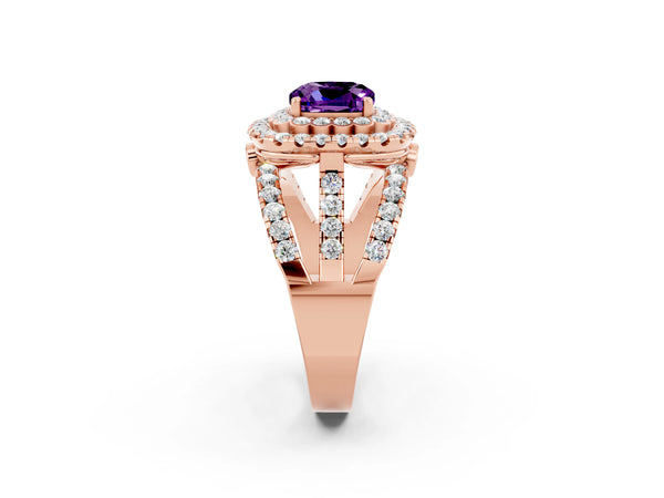 Rose gold Cushion Cut Amethyst Double Halo Ring with Round Pavé Split Shank and Prong Setting