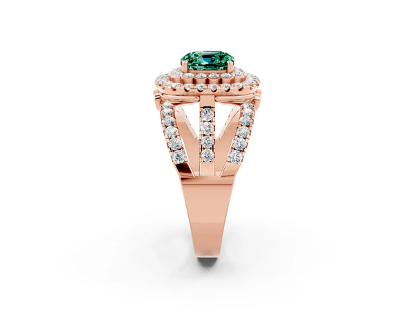 Rose gold Cushion Cut Green Sapphire Double Halo Ring with Round Pavé Split Shank and Prong Setting