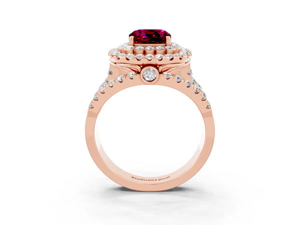 Rose gold Cushion Cut Garnet Double Halo Ring with Round Pavé Split Shank and Prong Setting