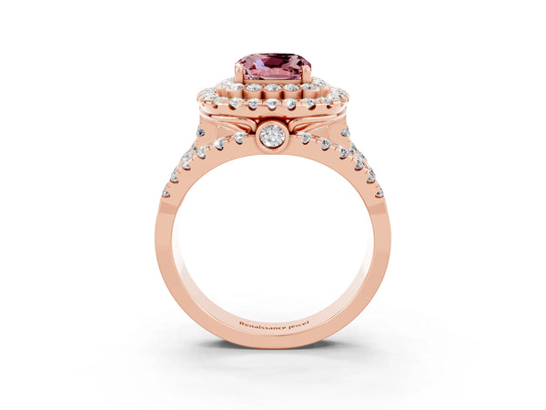 Rose gold Double Halo Cushion Cut Diamond Split Shank Pave Set Ring