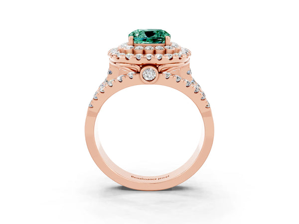 Rose gold Cushion Cut Green Sapphire Double Halo Ring with Round Pavé Split Shank and Prong Setting