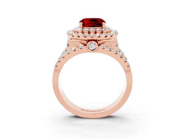 Rose gold Double Halo Cushion Cut Diamond Split Shank Pave Set Ring