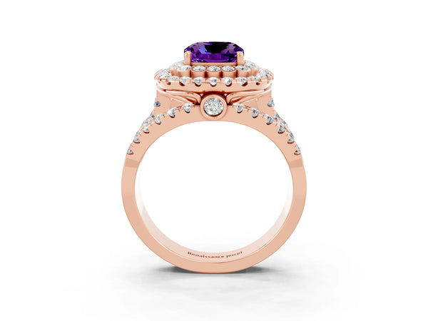 Rose gold Cushion Cut Amethyst Double Halo Ring with Round Pavé Split Shank and Prong Setting