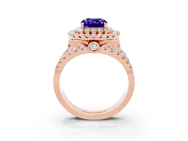 Rose gold Cushion Cut Tanzanite Double Halo Ring with Round Pavé Split Shank and Prong Setting