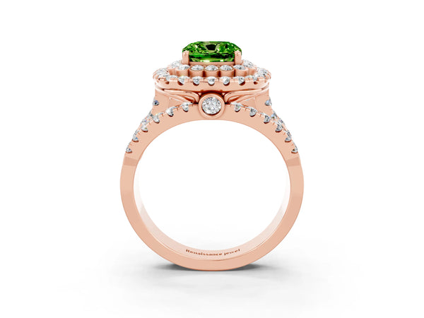 Rose gold Double Halo Cushion Cut Diamond Split Shank Pave Set Ring