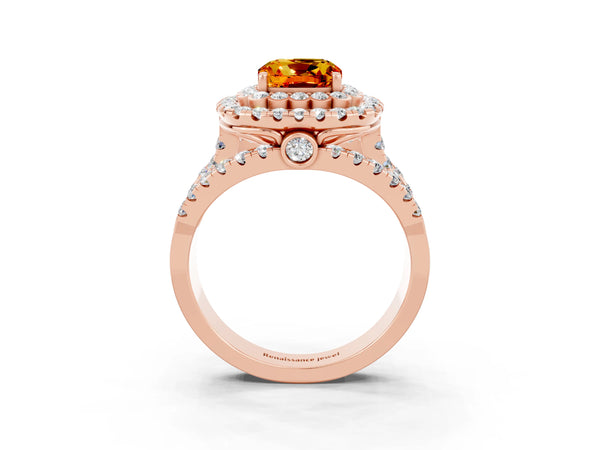 Rose gold Cushion Cut Citrine Double Halo Ring with Round Pavé Split Shank and Prong Setting