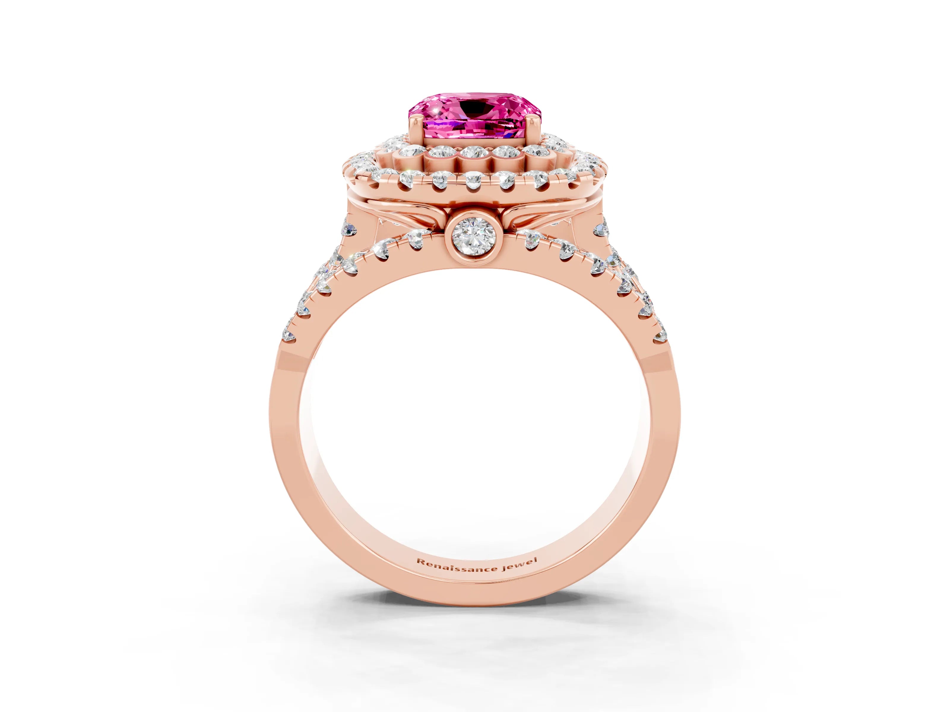 Rose gold Double Halo Cushion Cut Diamond Split Shank Pave Set Ring_3