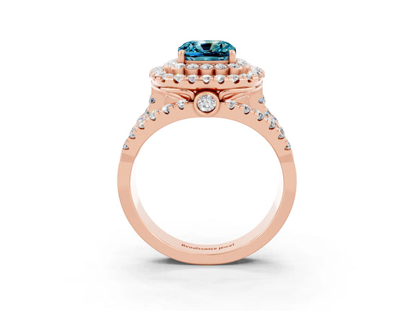 Rose gold Double Halo Cushion Cut Diamond Split Shank Pave Set Ring
