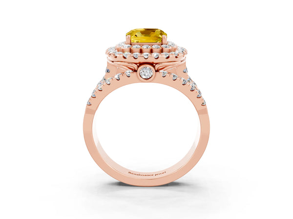 Rose gold Cushion Cut Yellow Sapphire Double Halo Ring with Round Pavé Split Shank and Prong Setting