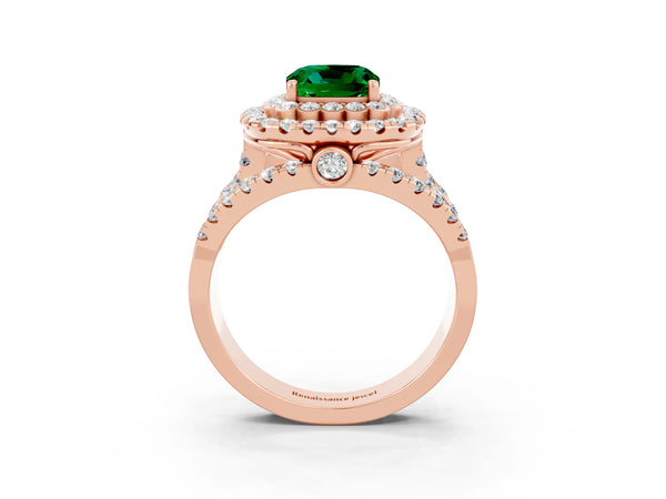 Rose gold Cushion Cut Emerald Double Halo Ring with Round Pavé Split Shank and Prong Setting