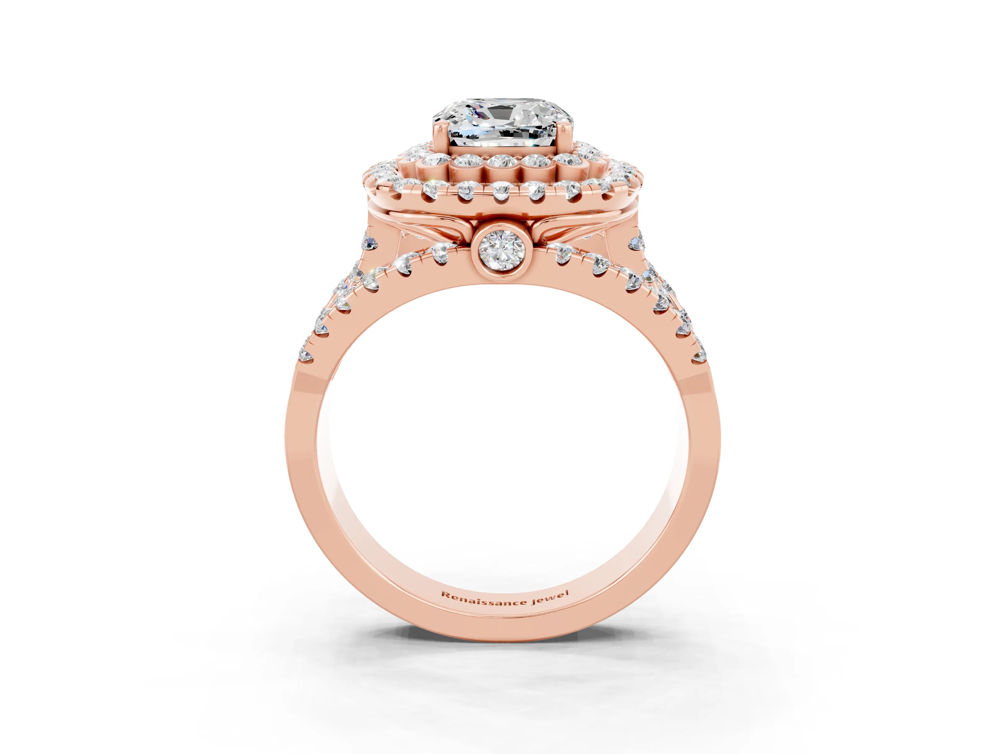 Rose gold Double Halo Cushion Cut Diamond Split Shank Pave Set Ring_3