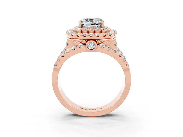 Rose gold Cushion Cut Moissanite Double Halo Ring with Round Pavé Split Shank and Prong Setting