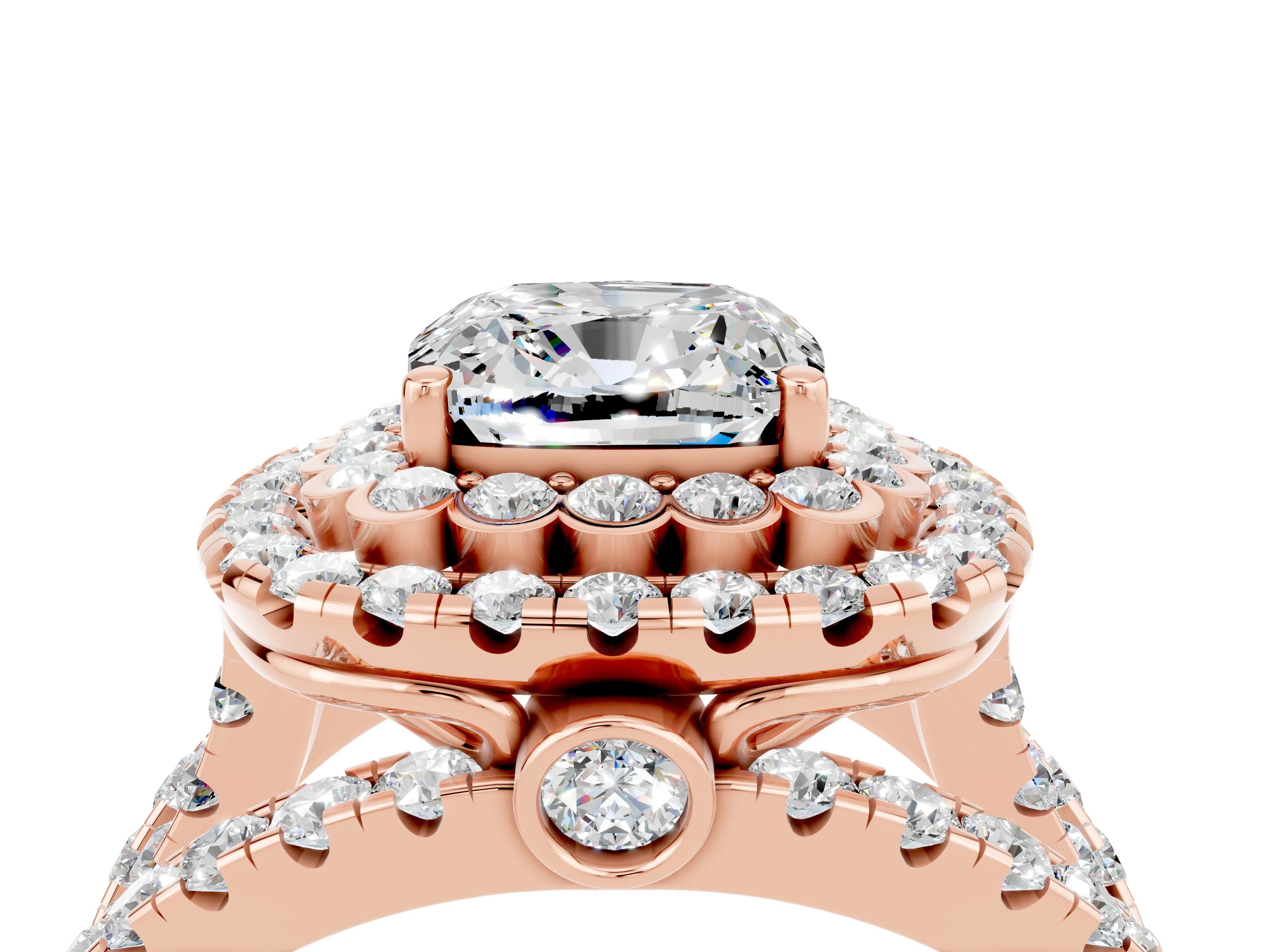 Rose gold Double Halo Cushion Cut Diamond Split Shank Pave Set Ring_4