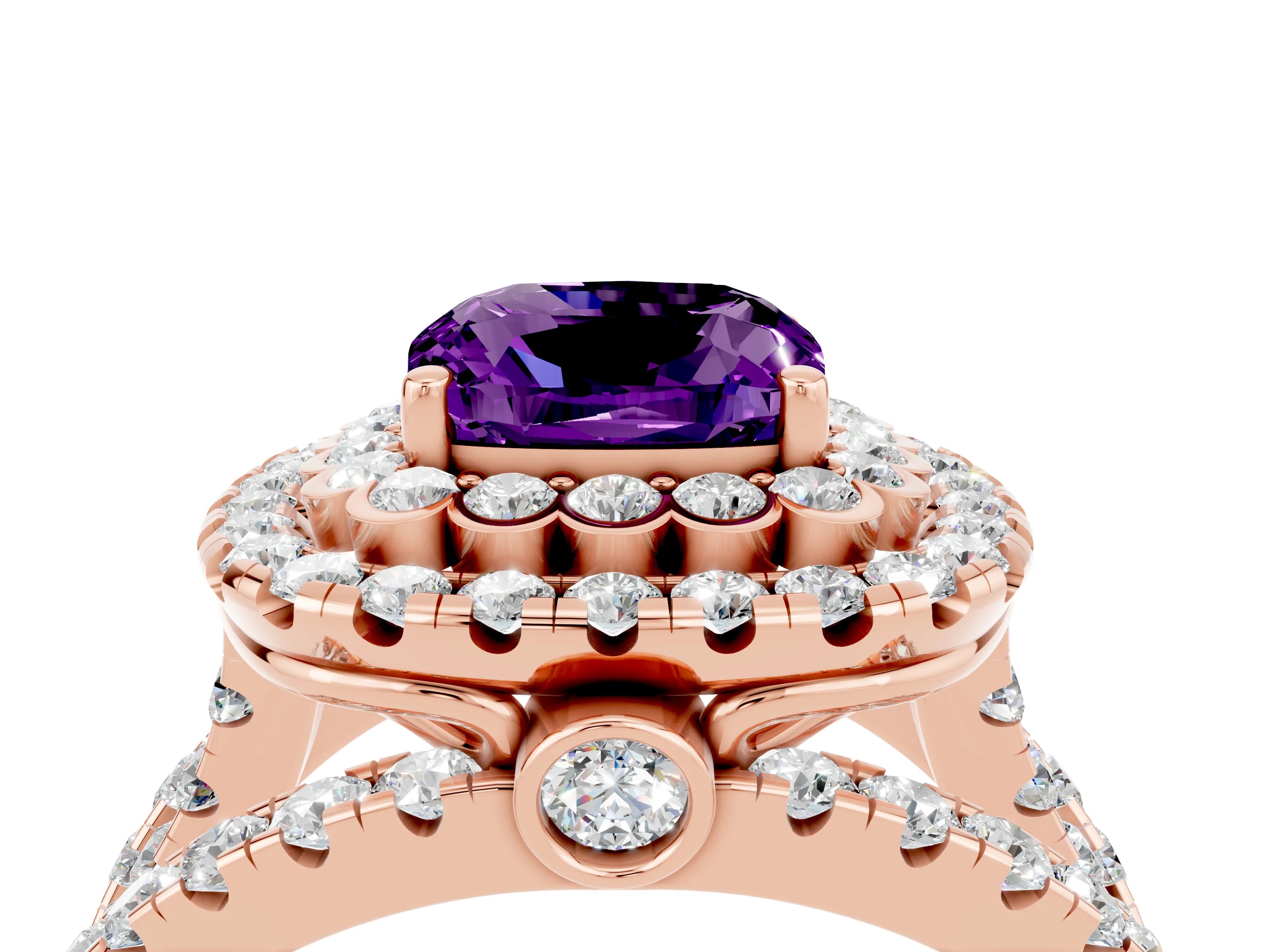 Rose gold Double Halo Cushion Cut Diamond Split Shank Pave Set Ring_4