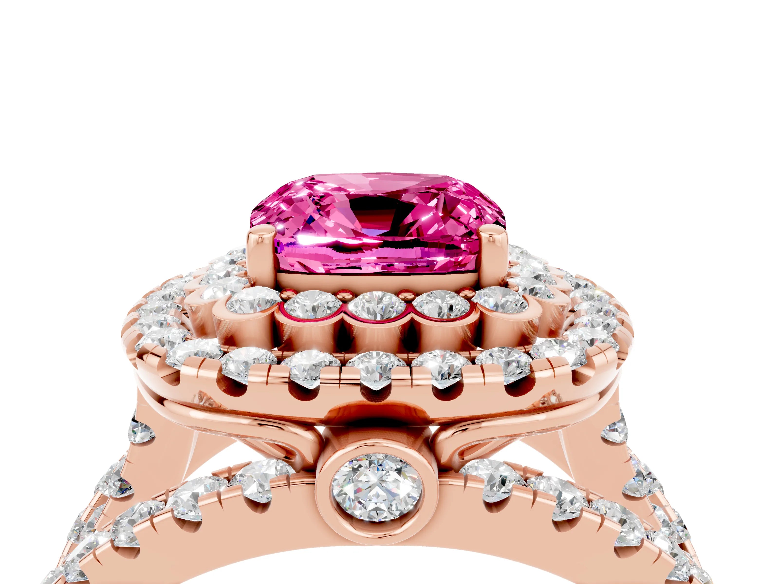 Rose gold Double Halo Cushion Cut Diamond Split Shank Pave Set Ring_4