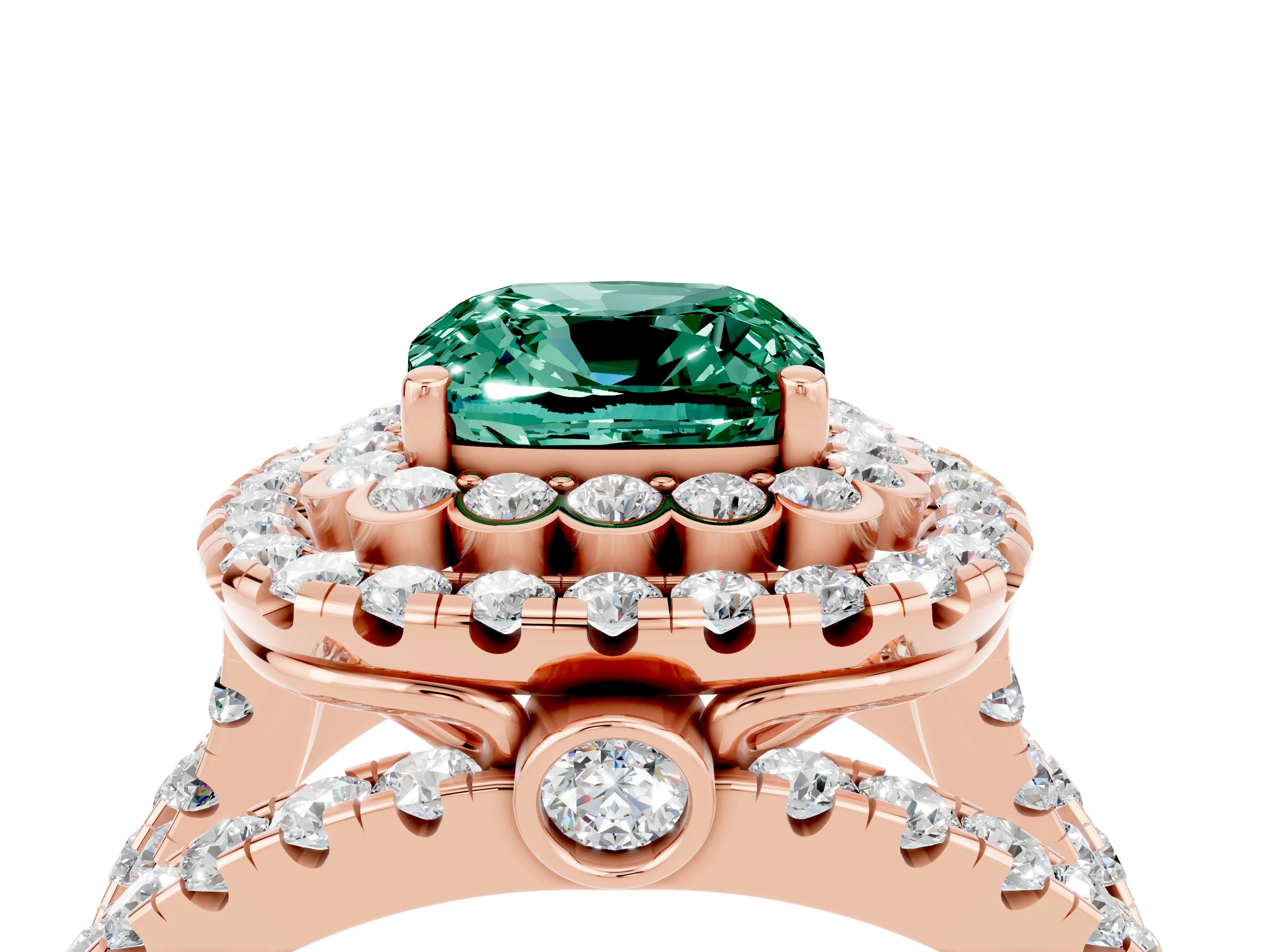 Rose gold Double Halo Cushion Cut Diamond Split Shank Pave Set Ring_4