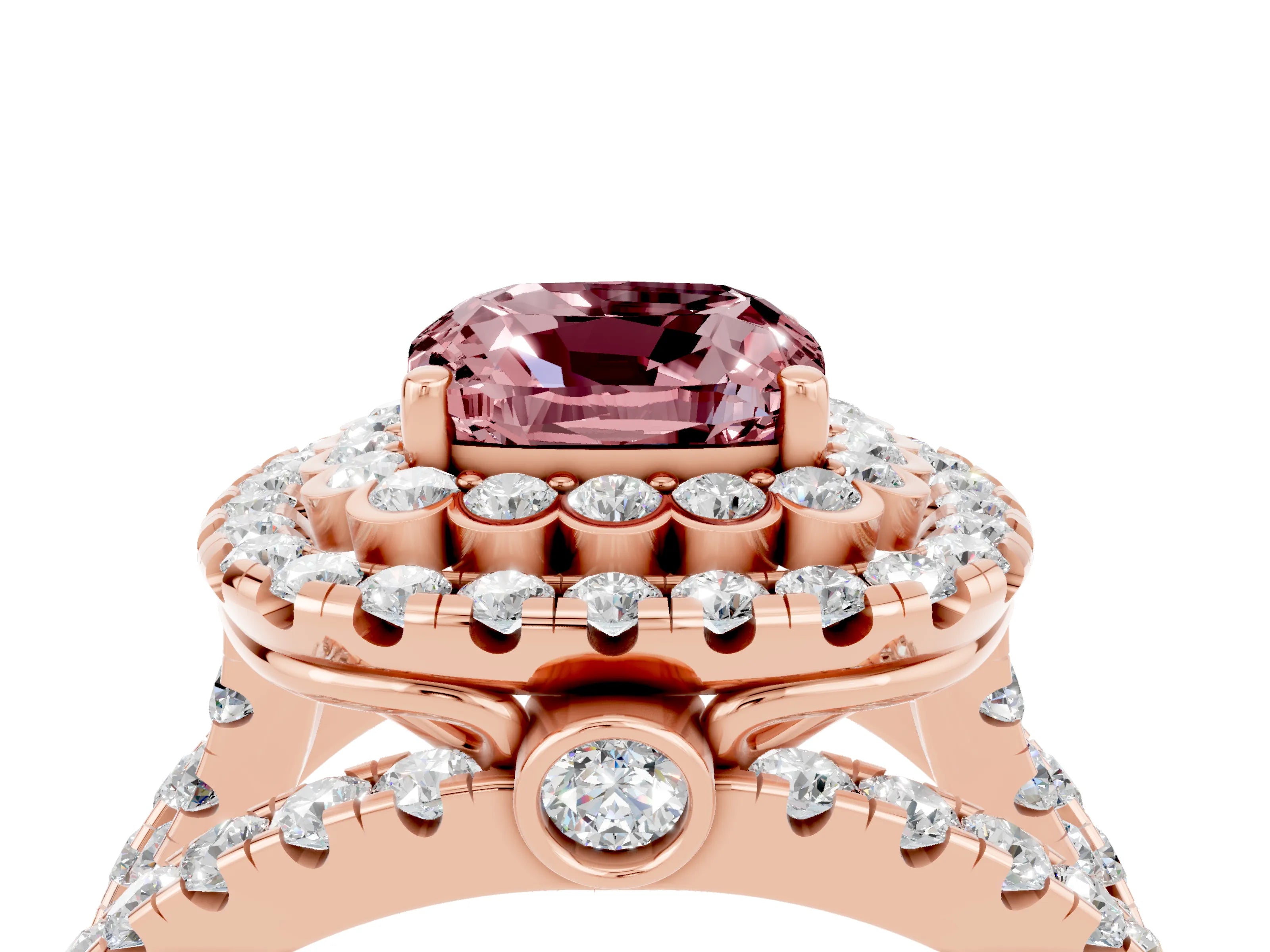 Rose gold Double Halo Cushion Cut Diamond Split Shank Pave Set Ring_4