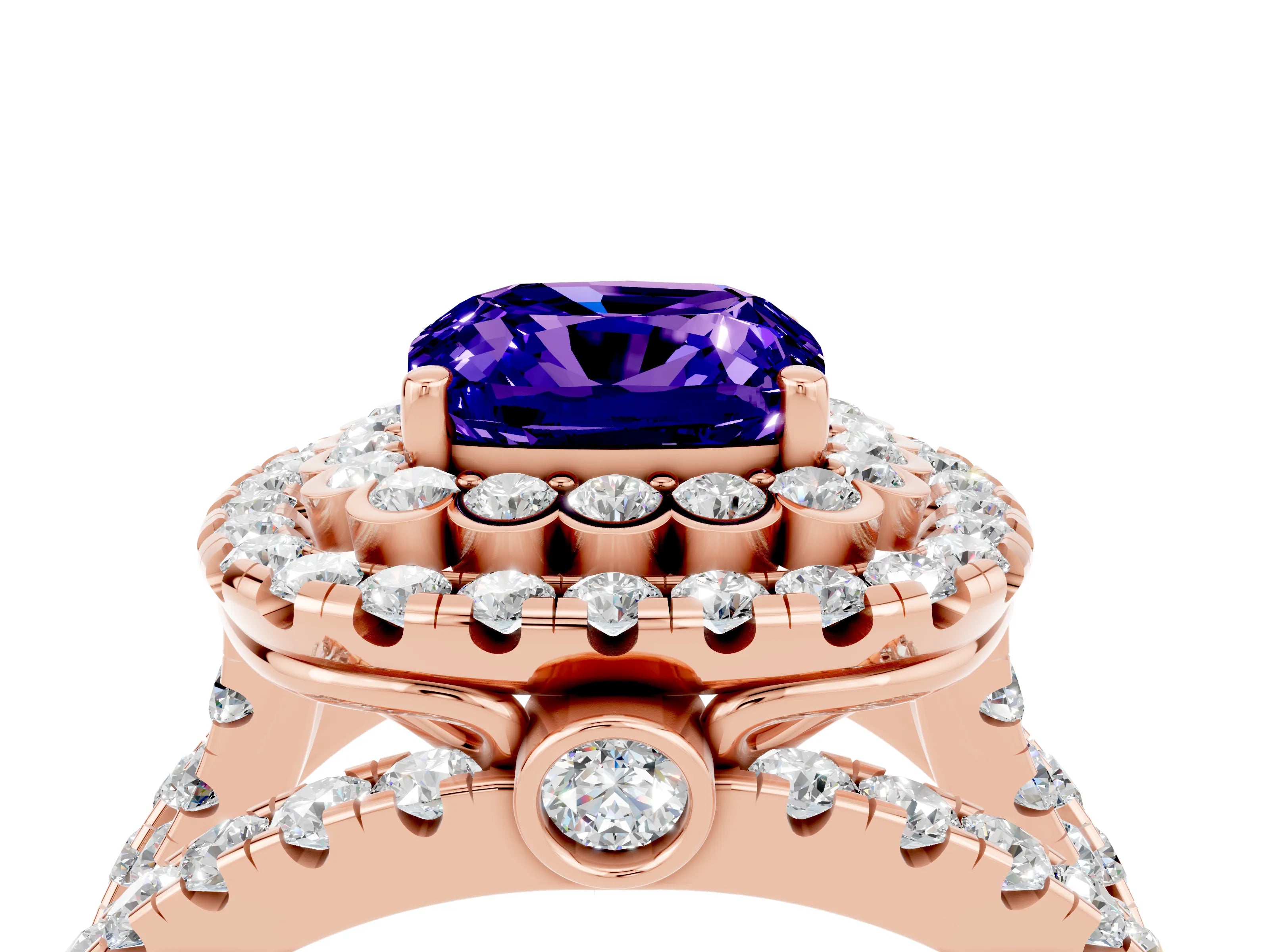 Rose gold Double Halo Cushion Cut Diamond Split Shank Pave Set Ring_4