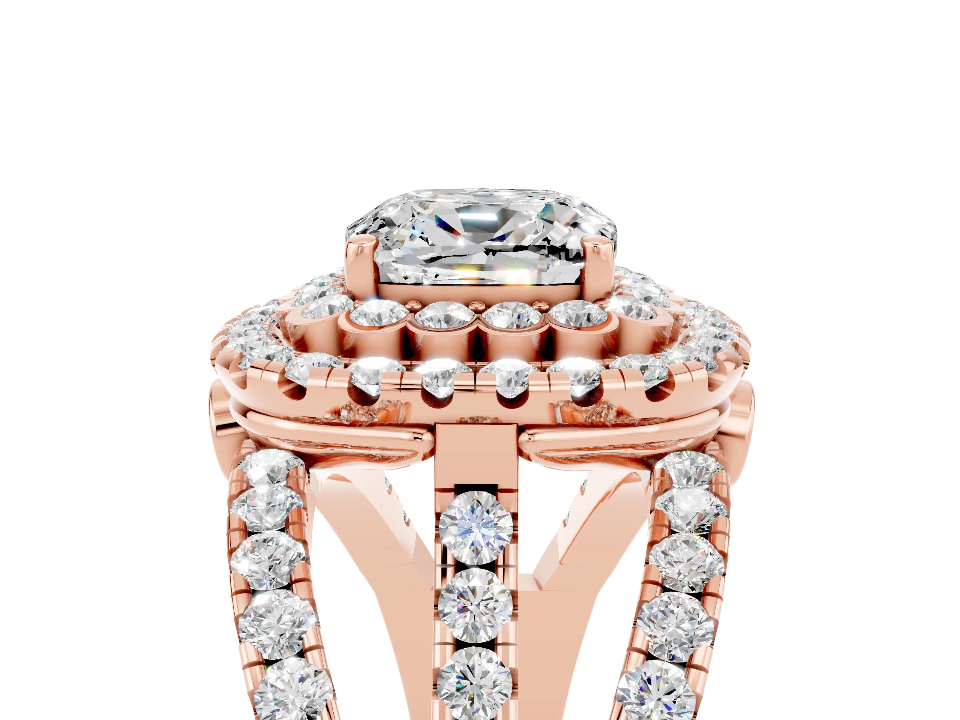Rose gold Double Halo Cushion Cut Diamond Split Shank Pave Set Ring_5