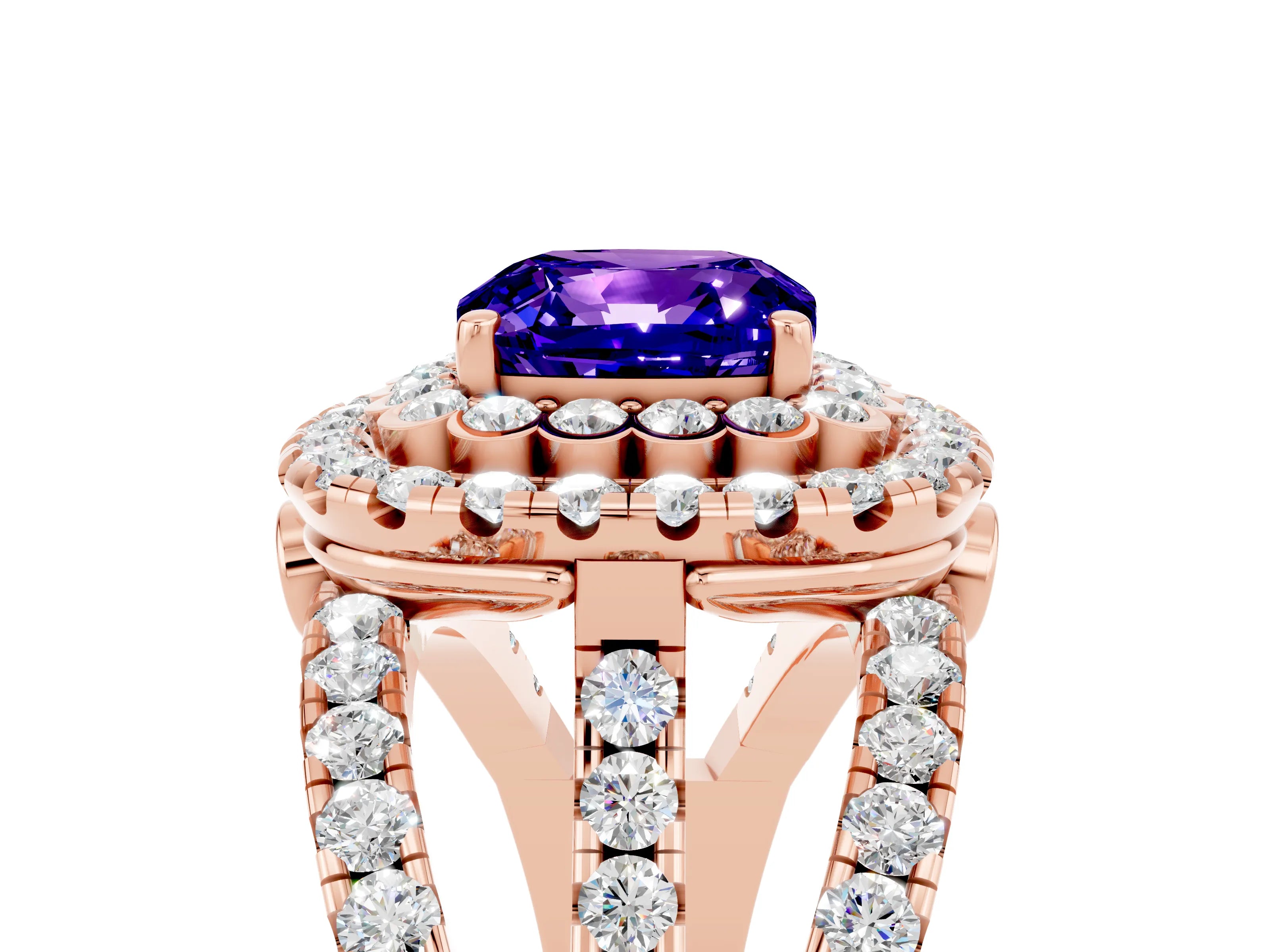Rose gold Double Halo Cushion Cut Diamond Split Shank Pave Set Ring_5