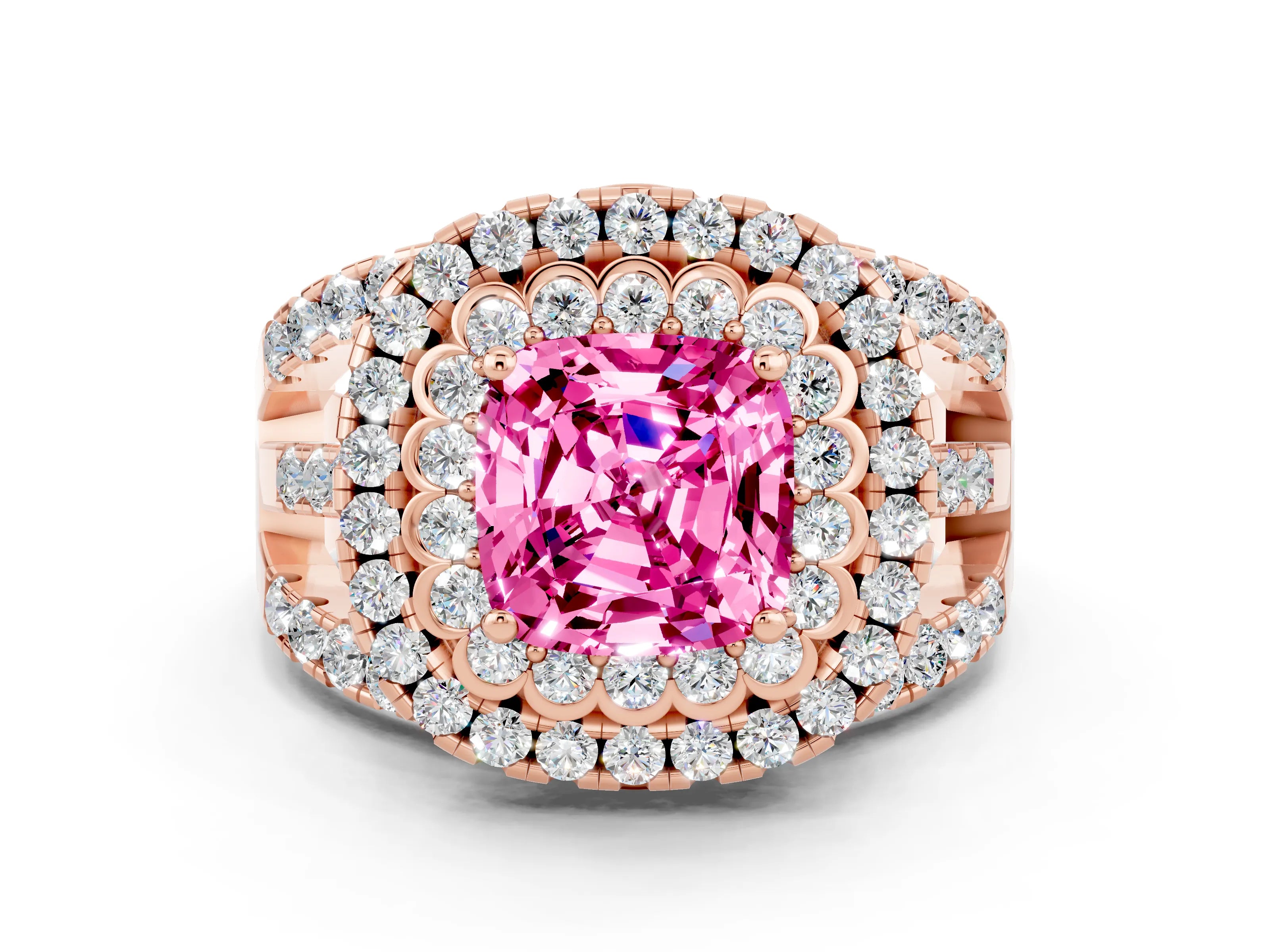 Rose gold Double Halo Cushion Cut Diamond Split Shank Pave Set Ring