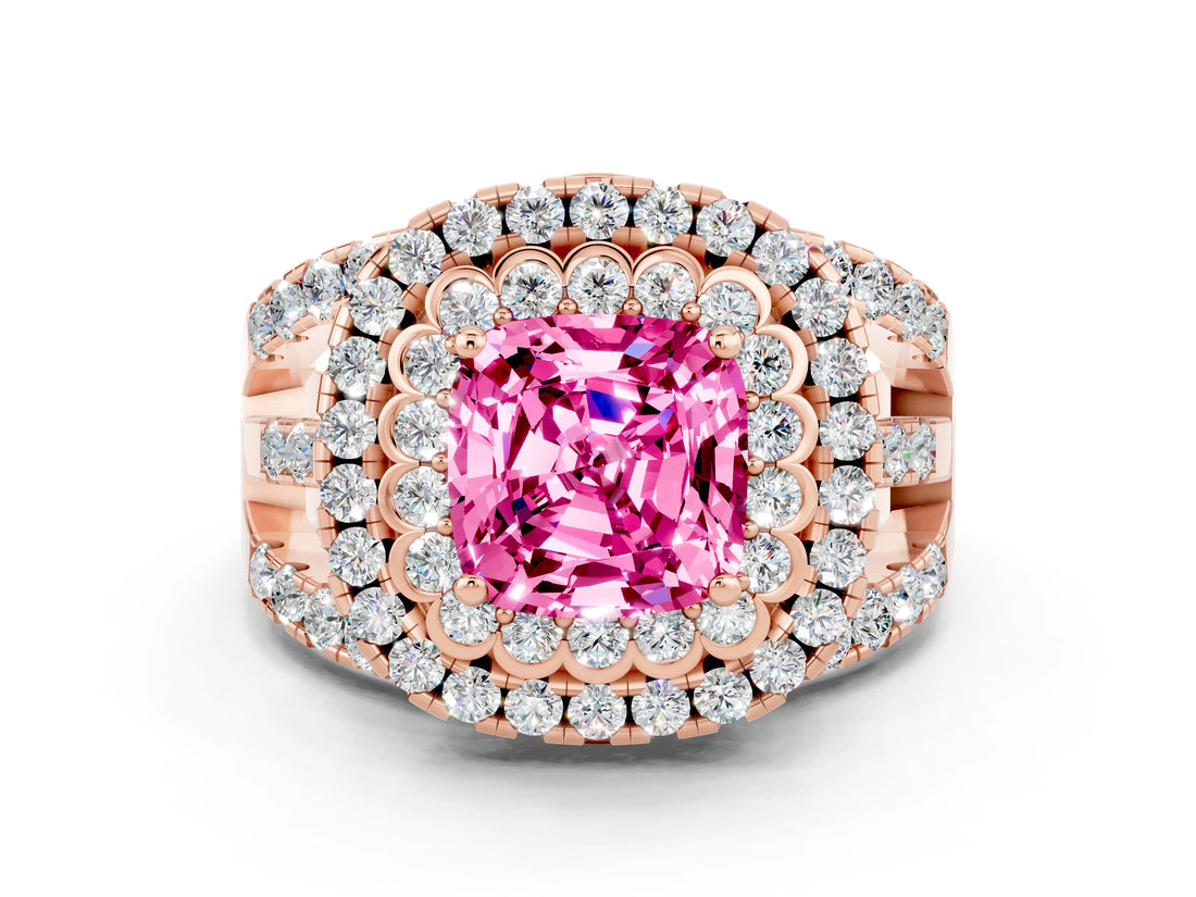 Rose gold Double Halo Cushion Cut Diamond Split Shank Pave Set Ring