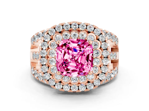 Rose gold Double Halo Cushion Cut Diamond Split Shank Pave Set Ring