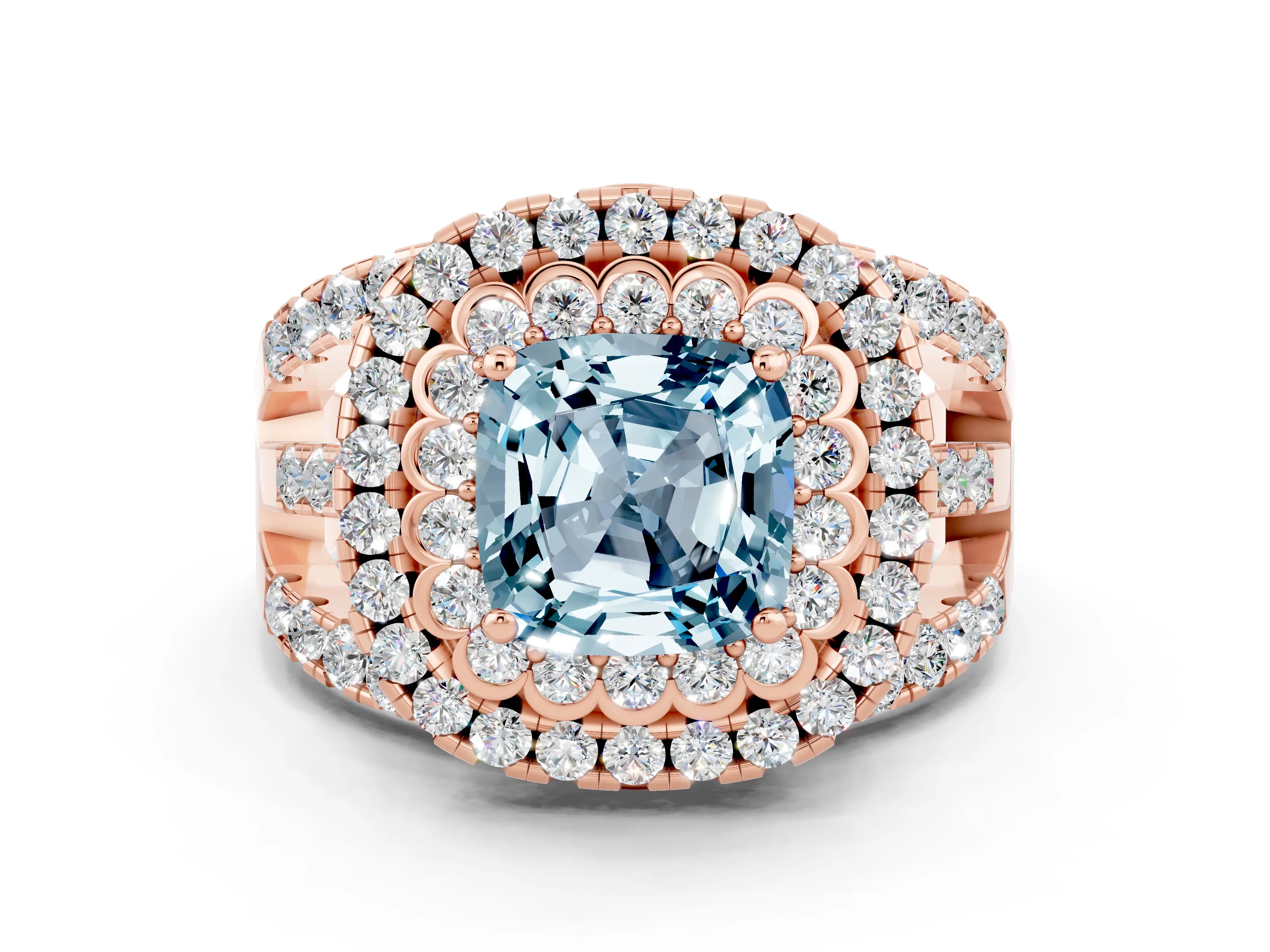 Rose gold Double Halo Cushion Cut Diamond Split Shank Pave Set Ring
