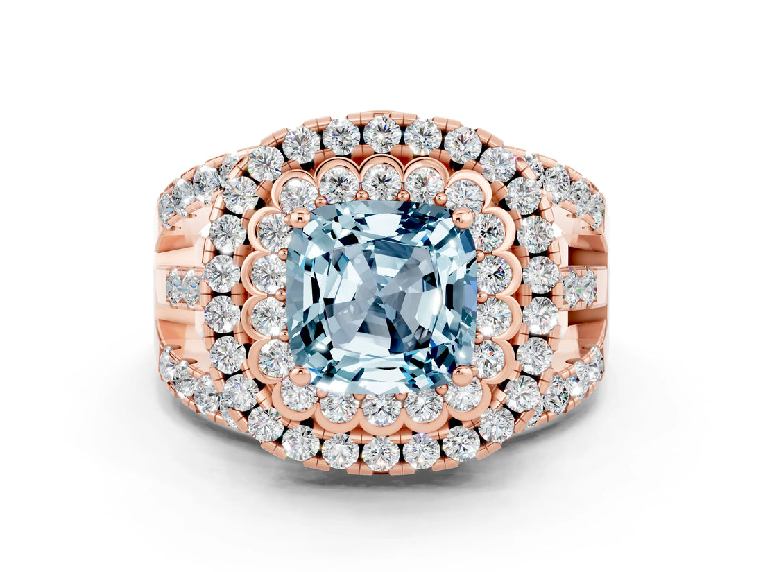 Rose gold Double Halo Cushion Cut Diamond Split Shank Pave Set Ring