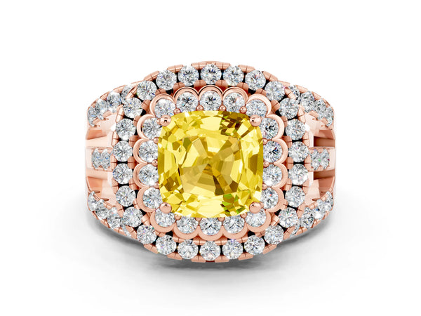 Rose gold Cushion Cut Yellow Sapphire Double Halo Ring with Round Pavé Split Shank and Prong Setting