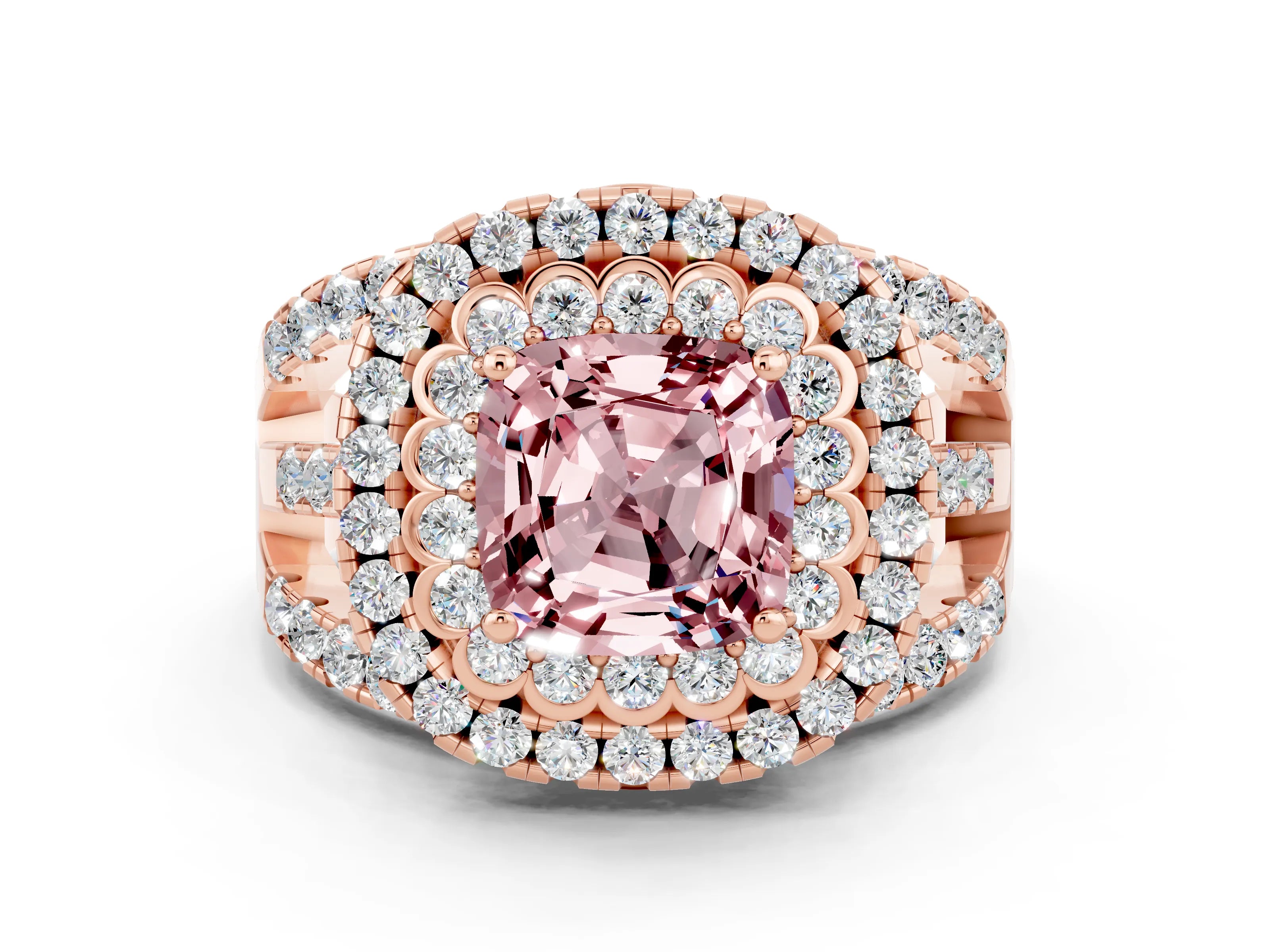 Rose gold Double Halo Cushion Cut Diamond Split Shank Pave Set Ring