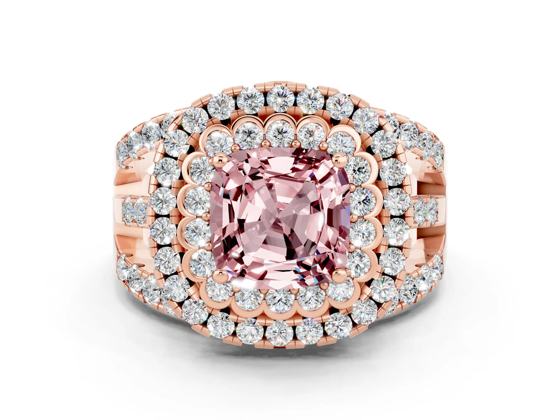 Rose gold Double Halo Cushion Cut Diamond Split Shank Pave Set Ring