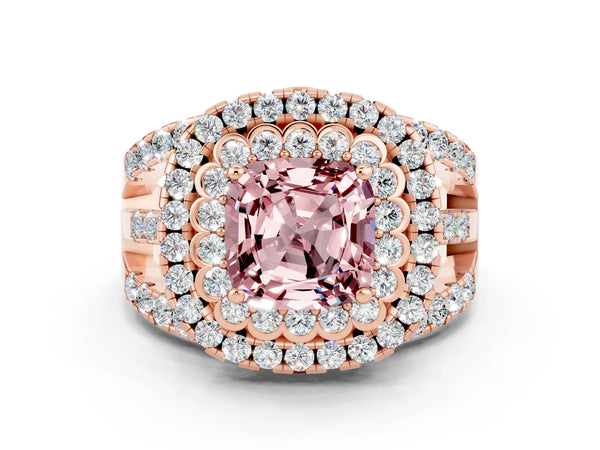 Rose gold Double Halo Cushion Cut Diamond Split Shank Pave Set Ring