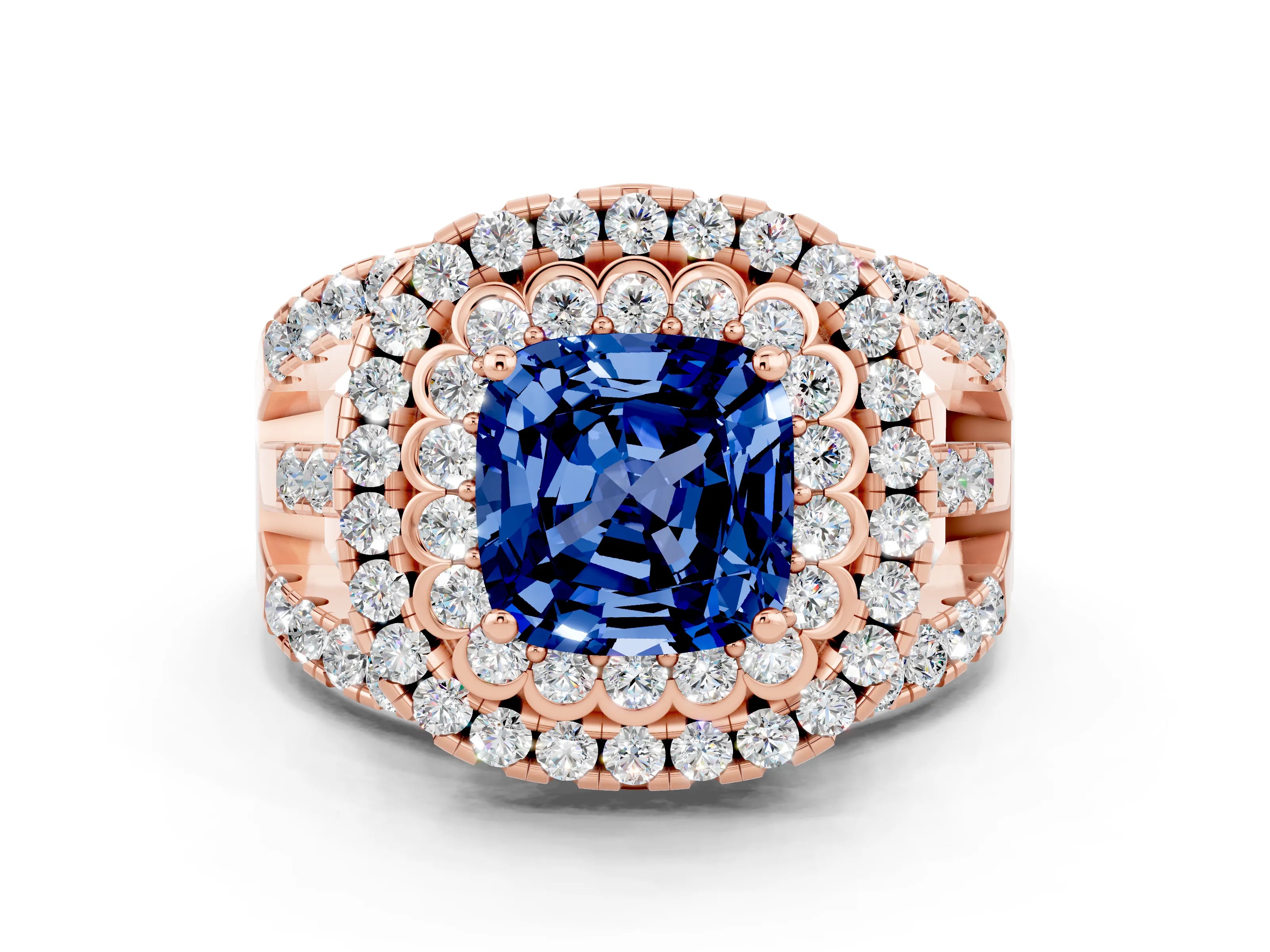 Rose gold Double Halo Cushion Cut Diamond Split Shank Pave Set Ring