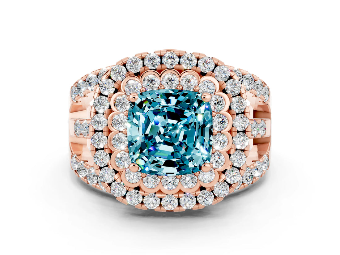 Rose gold Double Halo Cushion Cut Diamond Split Shank Pave Set Ring