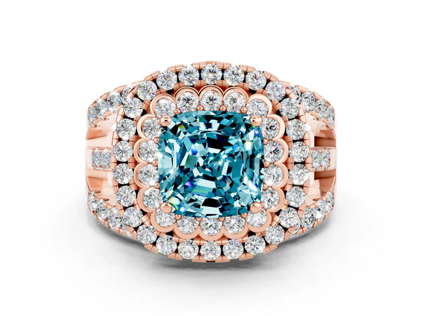 Rose gold Double Halo Cushion Cut Diamond Split Shank Pave Set Ring