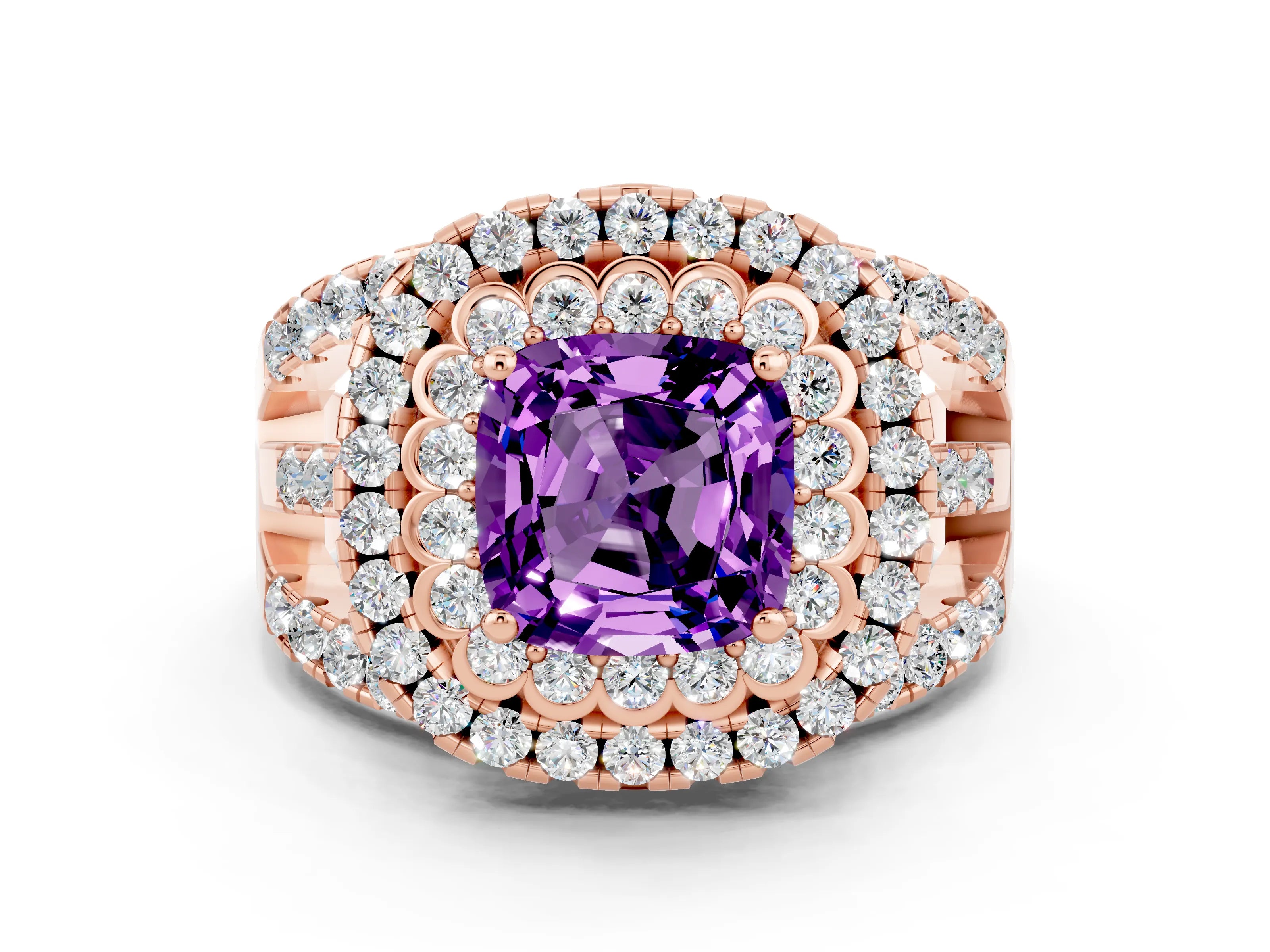 Rose gold Double Halo Cushion Cut Diamond Split Shank Pave Set Ring