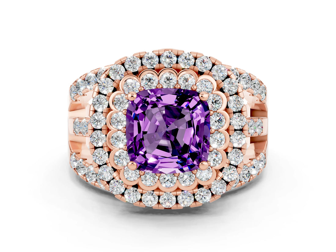 Rose gold Double Halo Cushion Cut Diamond Split Shank Pave Set Ring