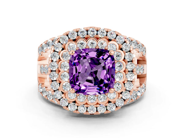 Rose gold Cushion Cut Amethyst Double Halo Ring with Round Pavé Split Shank and Prong Setting