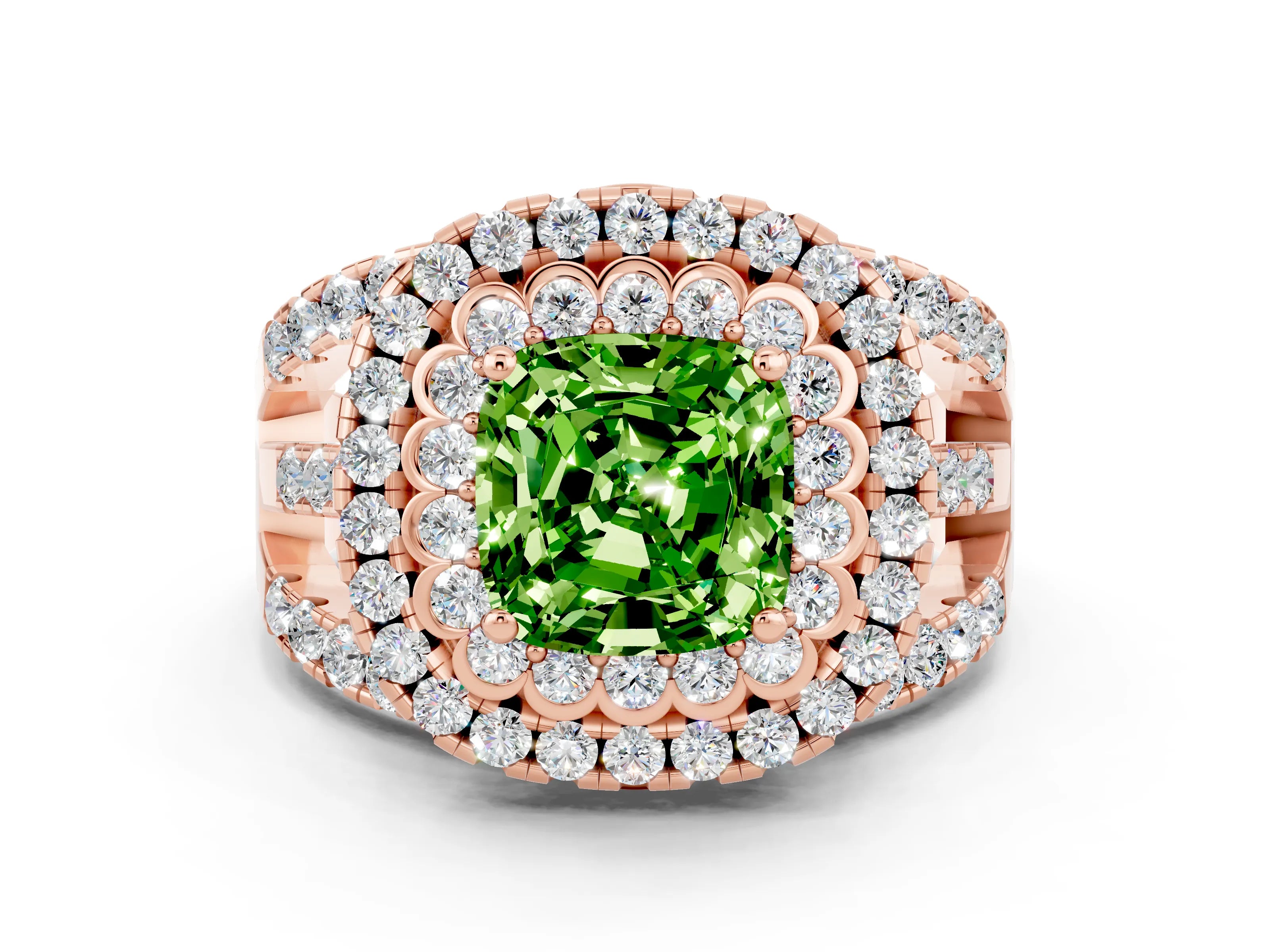Rose gold Double Halo Cushion Cut Diamond Split Shank Pave Set Ring
