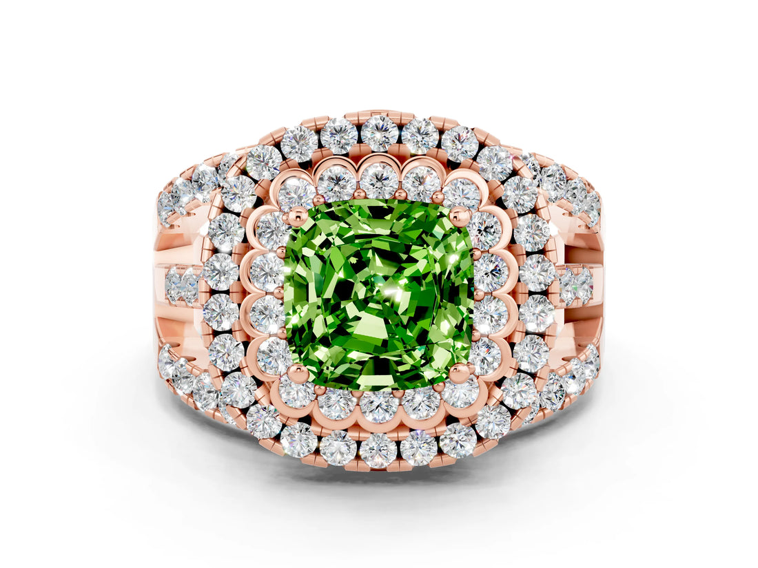 Rose gold Double Halo Cushion Cut Diamond Split Shank Pave Set Ring