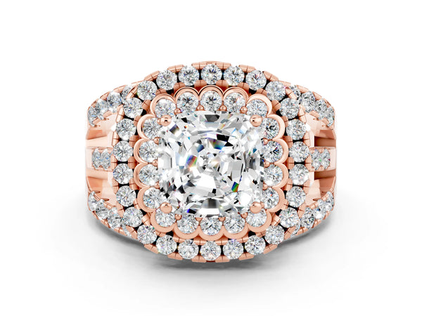 Rose gold Cushion Cut Moissanite Double Halo Ring with Round Pavé Split Shank and Prong Setting