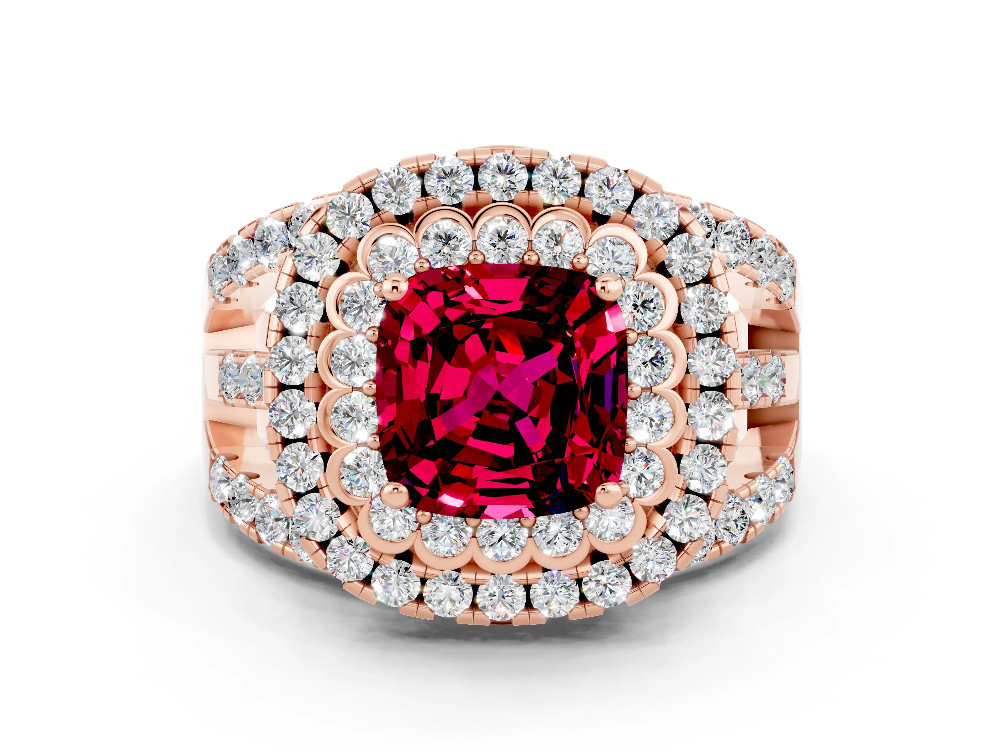 Rose gold Double Halo Cushion Cut Diamond Split Shank Pave Set Ring