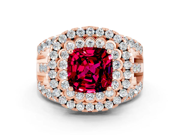 Rose gold Cushion Cut Garnet Double Halo Ring with Round Pavé Split Shank and Prong Setting