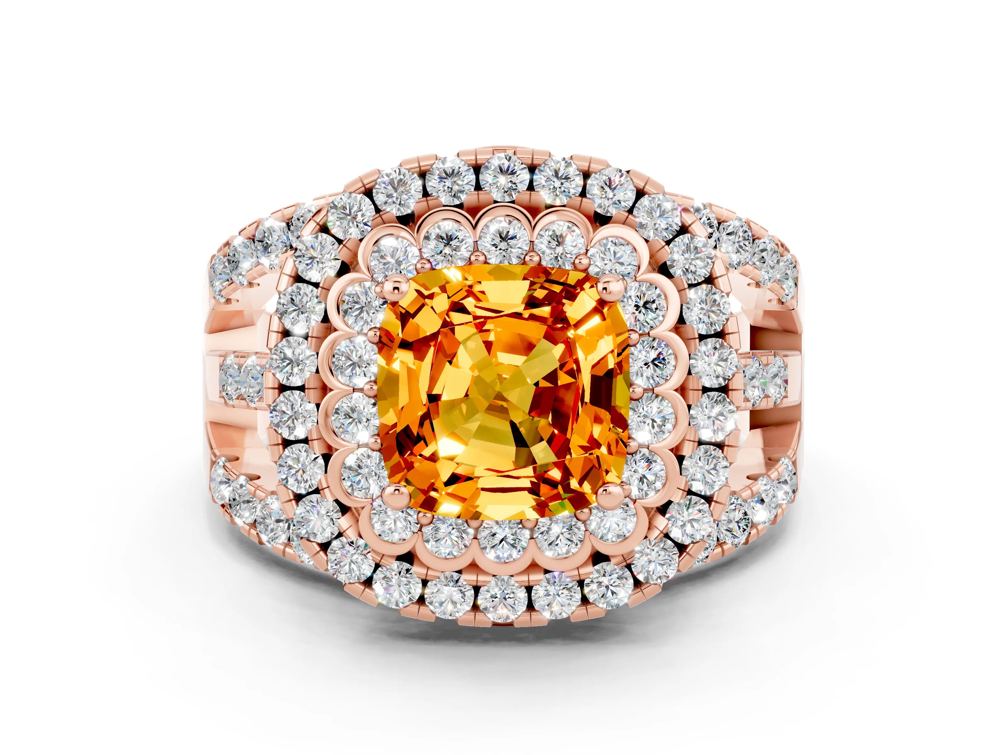 Rose gold Double Halo Cushion Cut Diamond Split Shank Pave Set Ring