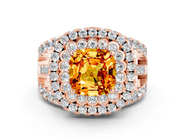 Rose gold Cushion Cut Citrine Double Halo Ring with Round Pavé Split Shank and Prong Setting