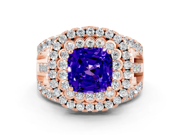 Rose gold Cushion Cut Tanzanite Double Halo Ring with Round Pavé Split Shank and Prong Setting