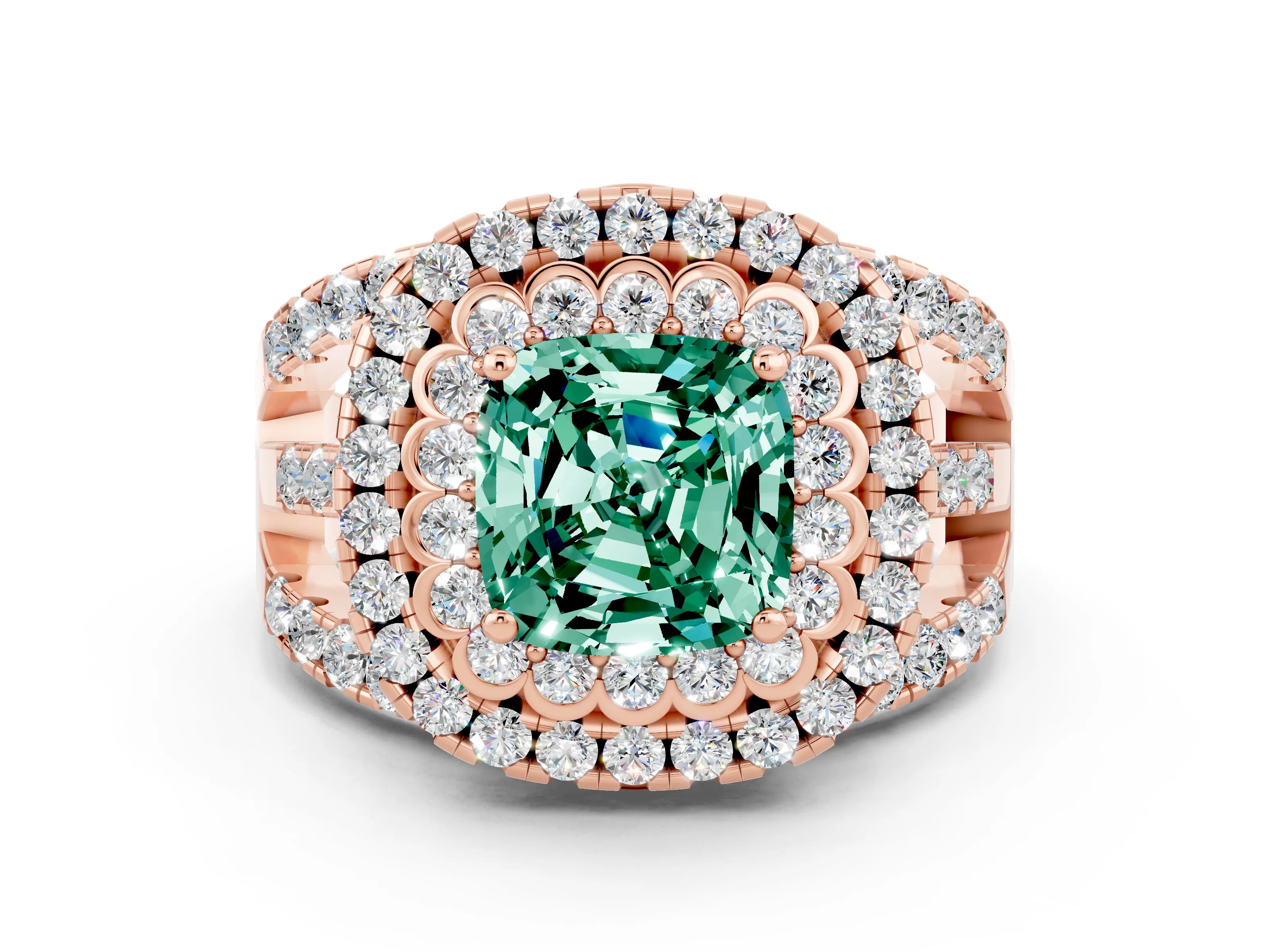 Rose gold Double Halo Cushion Cut Diamond Split Shank Pave Set Ring