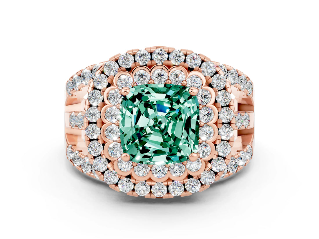 Rose gold Double Halo Cushion Cut Diamond Split Shank Pave Set Ring