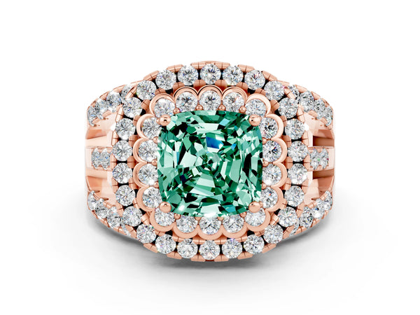 Rose gold Cushion Cut Green Sapphire Double Halo Ring with Round Pavé Split Shank and Prong Setting